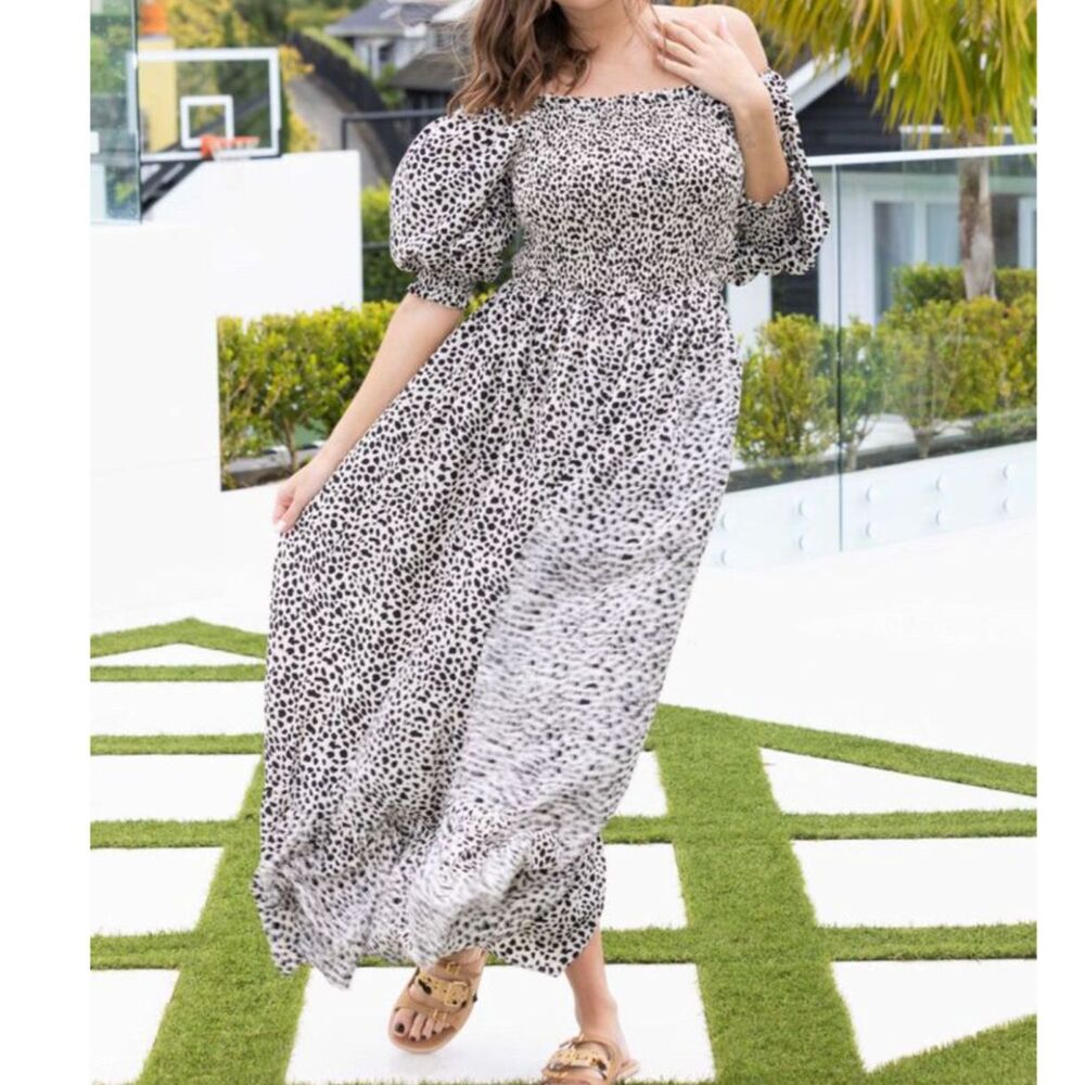 PrettyLittleThing Leopard Off Shoulder Maxi Dress w/ Thigh Slit | Size 12